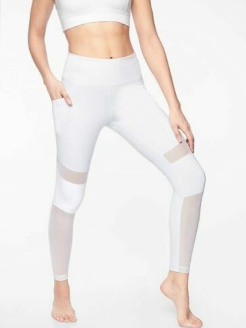 Athleta White Mesh Panel Legging Medium Tall High Rise Side Pocket Yoga Athletic